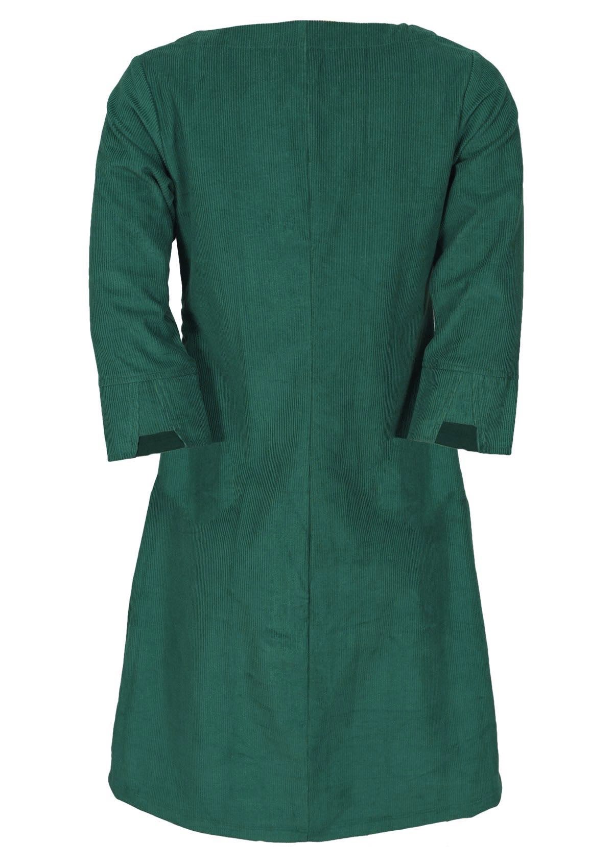 Green corduroy dress features a-line shape. 