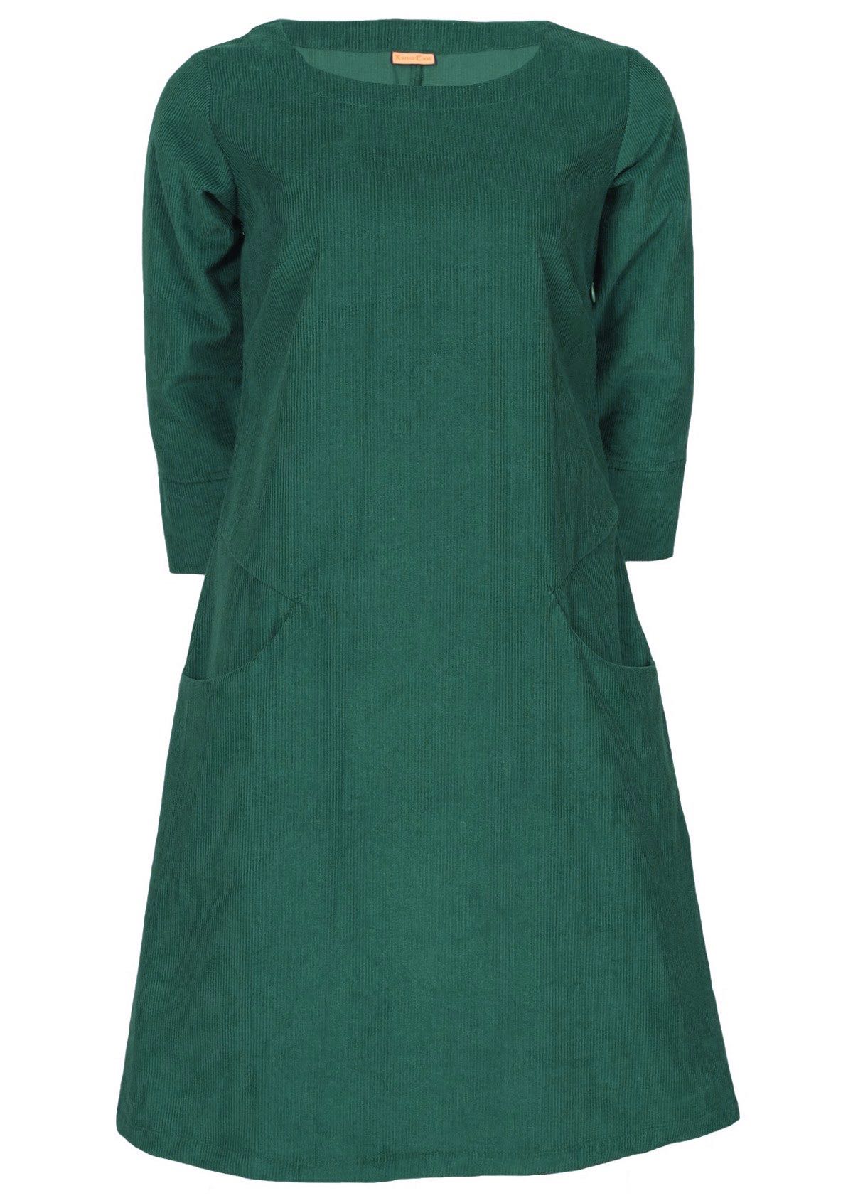 Green 100% cotton corduroy dress has a round neckline. 