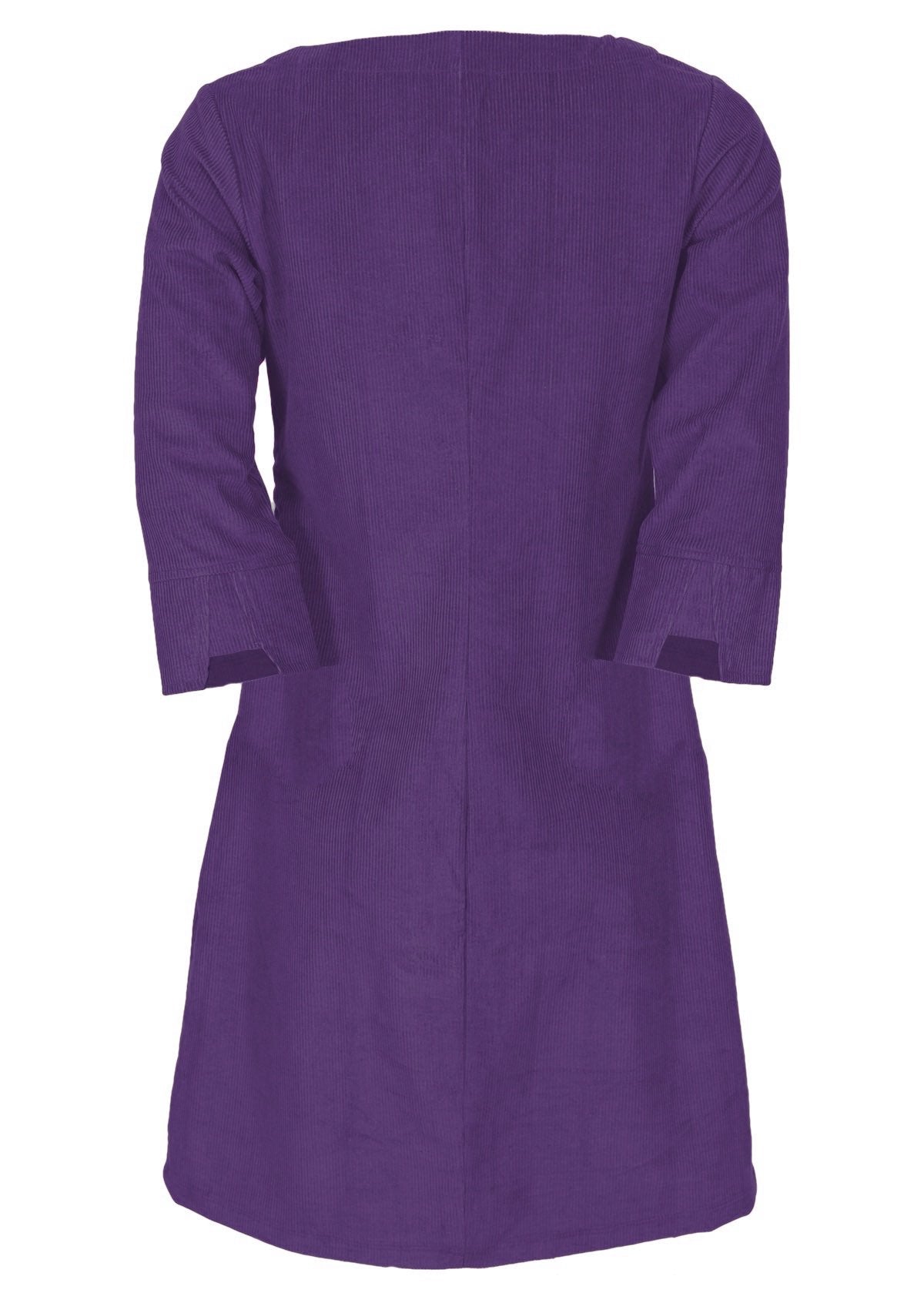 Purple corduroy dress has pockets and detailed cuffs. 