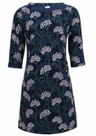 Floral print on a blue base, this 100% corduroy dress has pockets!