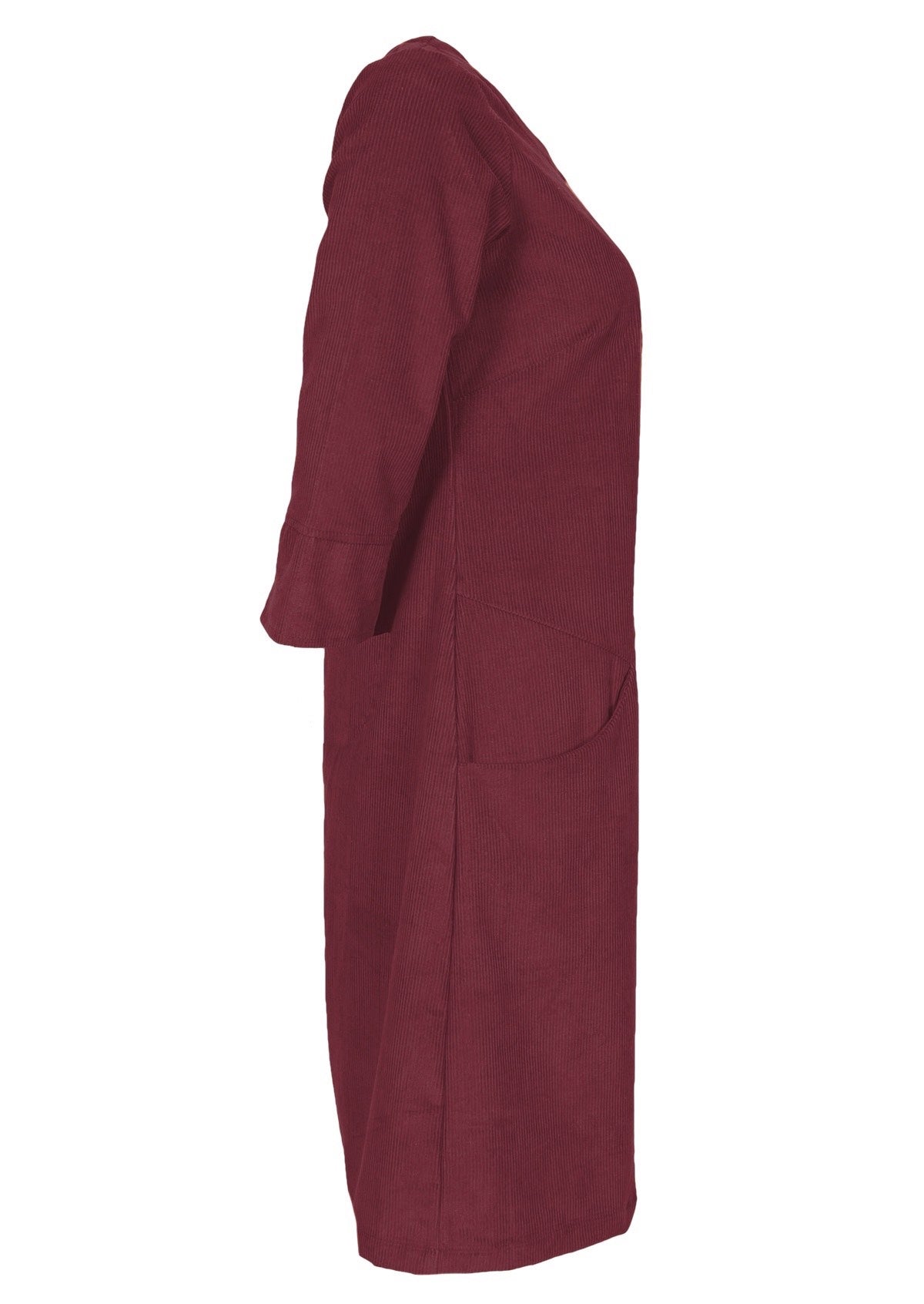 100% cotton corduroy dress in deep red features pockets. 