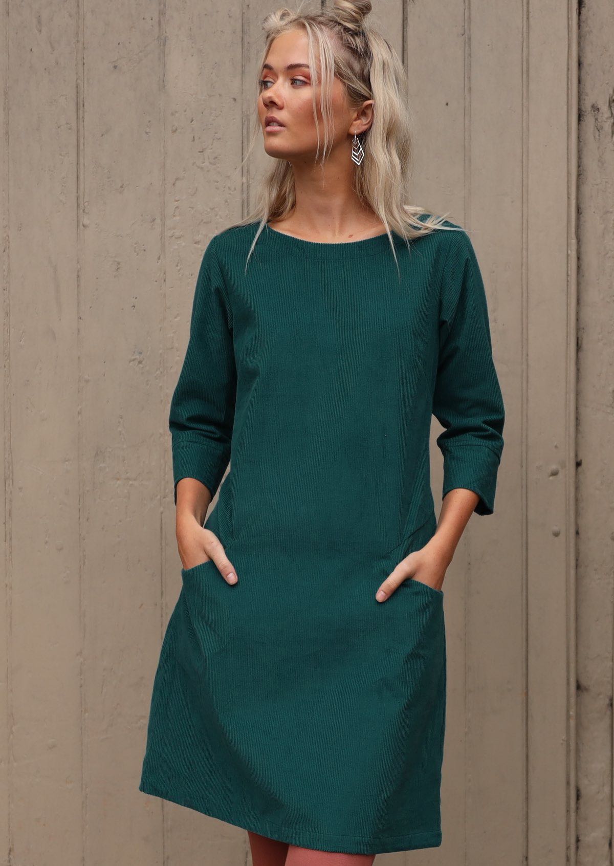 Rich teal cotton corduroy dress with pockets and wide neckline