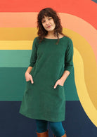 Green cotton corduroy 3/4 sleeve dress with wide round neckline