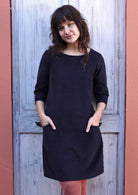 Dark grey corduroy dress with 3/4 sleeves and wide round neckline