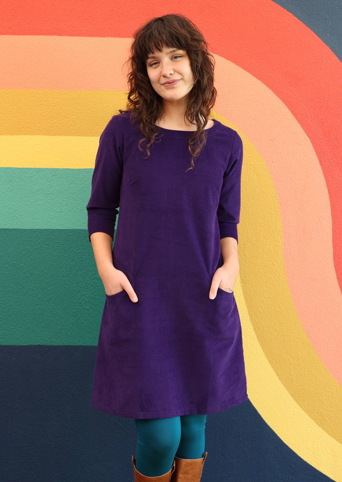 A-line cotton corduroy dress with 3/4 sleeves and side zip