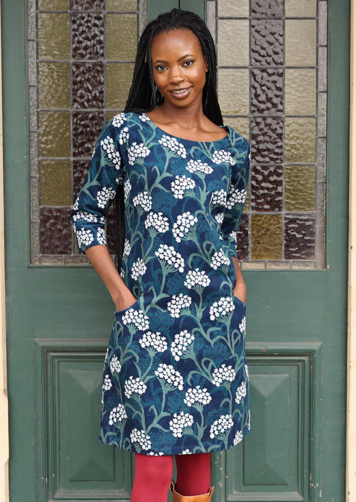 Cotton corduroy floral print dress with 3.4 sleeves and pockets