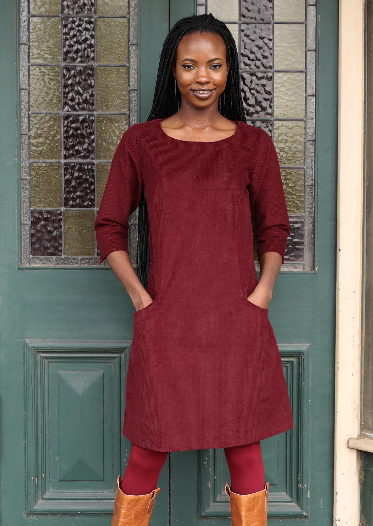Maroon cotton corduroy dress with 3/4 sleeves and pockets