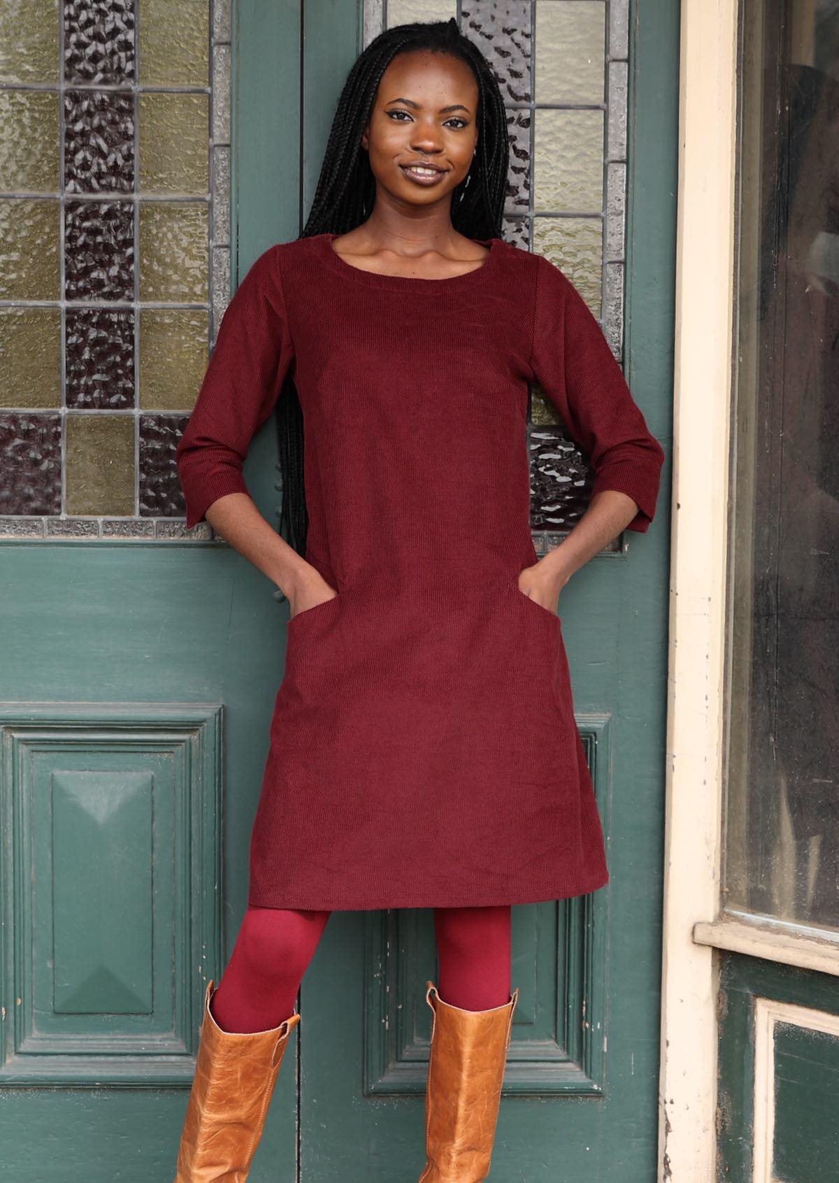 A-line corduroy dress with wide round neckline and pockets