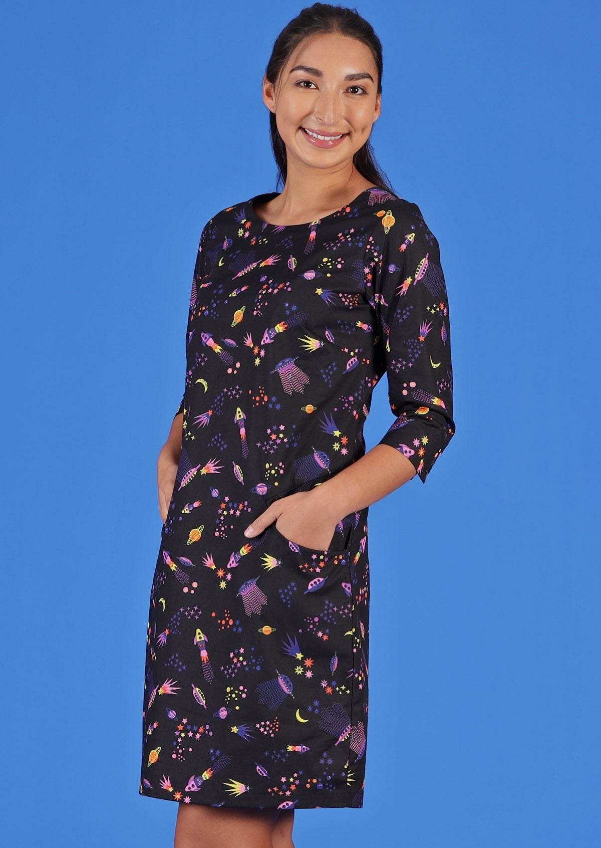 cotton tunic dress in space themed print