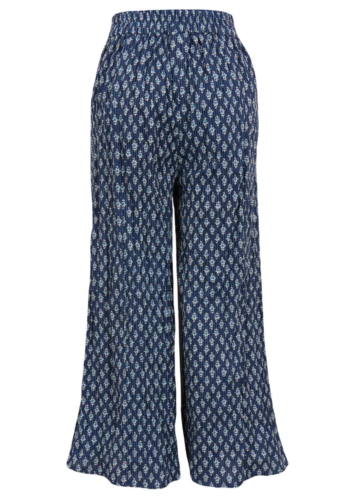 Wide leg cotton pants feature an elasticated waistband at the back. 