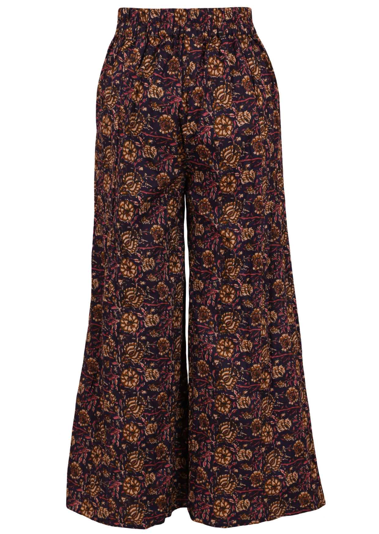 Back image of relaxed fit cotton pants with pockets, drawstring and elastic waist at the back.
