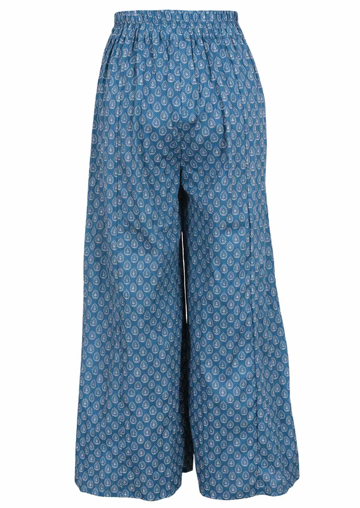 Cotton wide leg pants with fine white print on blue