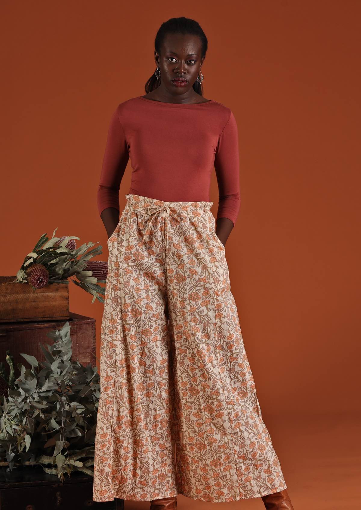 Wide Legged Cotton Pans Pink Orange Floral Design