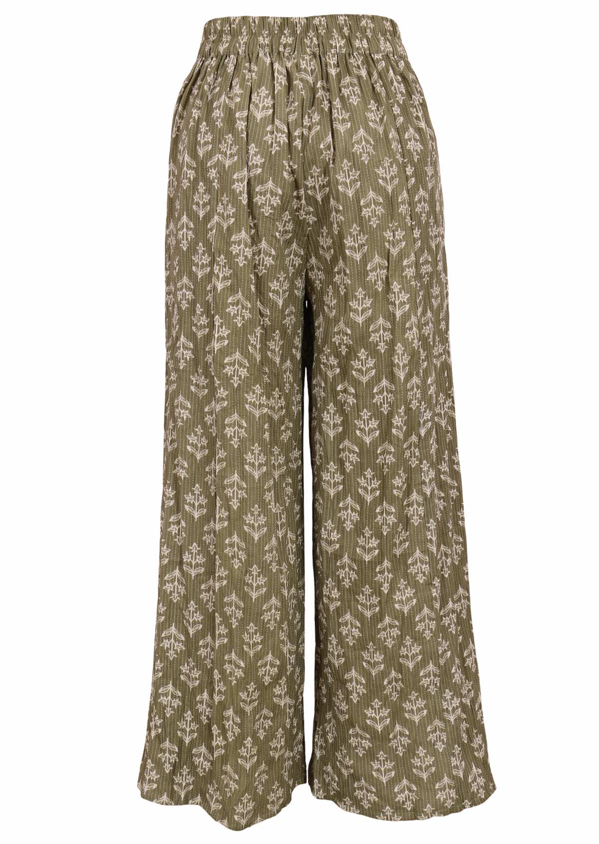 Wide leg lightweight cotton pants with floral print on green base