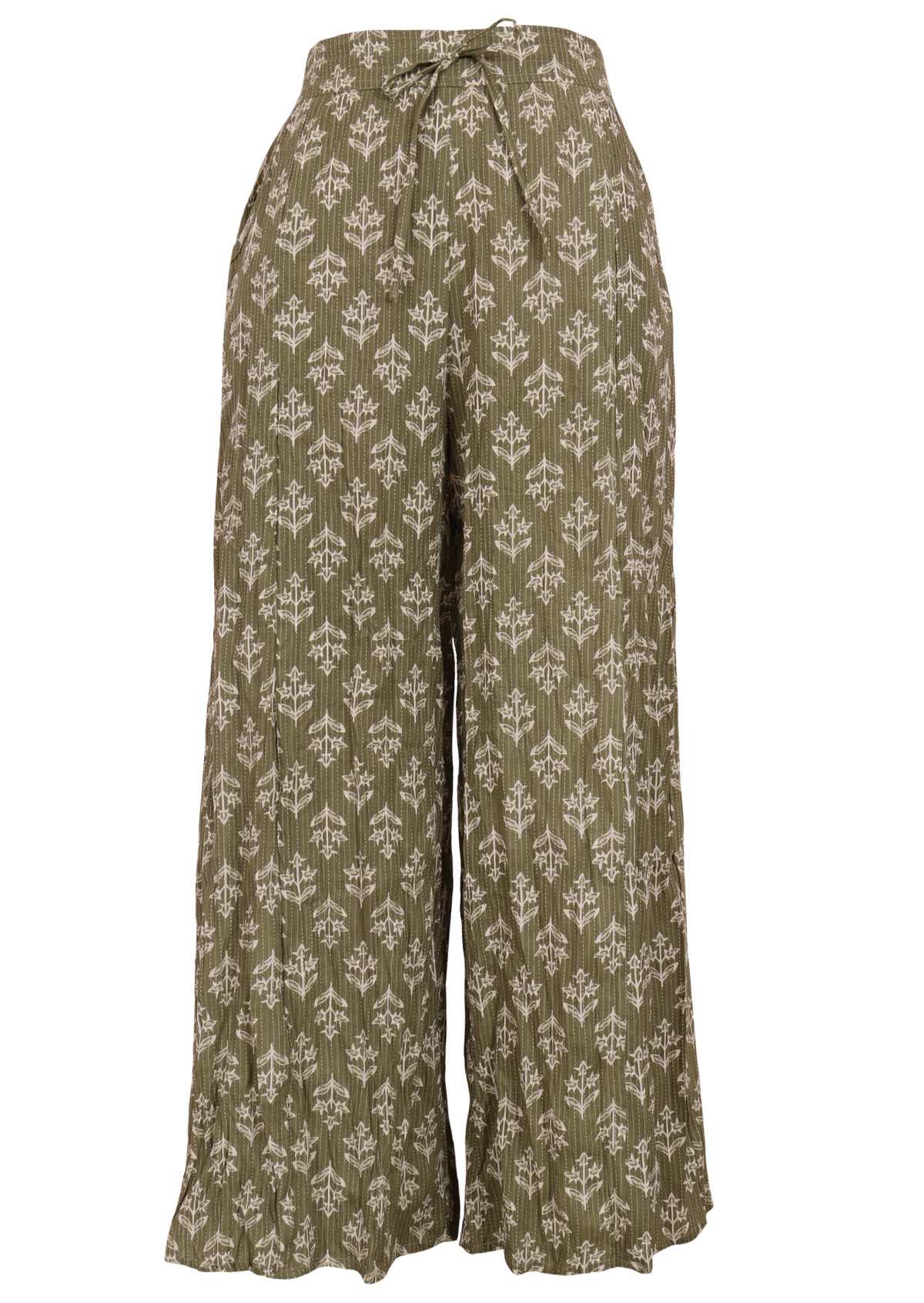 Green base cotton wide leg pants with pockets and drawstring