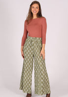 Lightweight cotton wide leg pants in green with floral print and kantha stitches