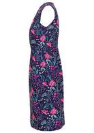 100% navy cotton floral dress side view