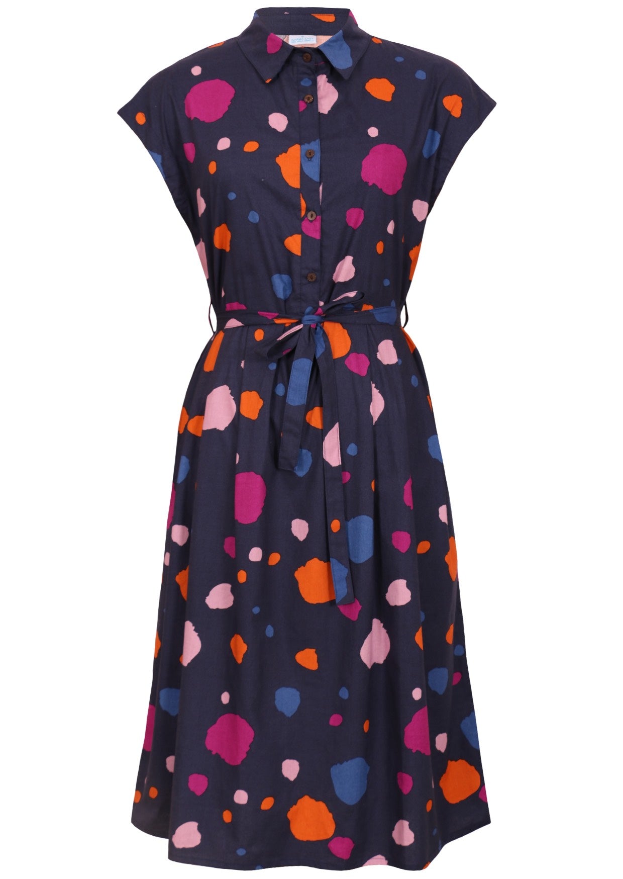Navy based cotton dress with colourful abstract pattern, cap sleeves, buttoned bodice, collar and waist tie