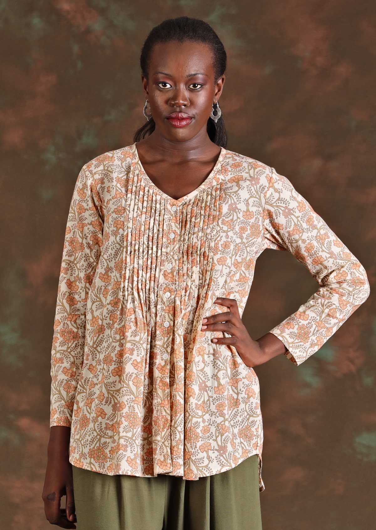 Cotton floral blouse in liberty print on model