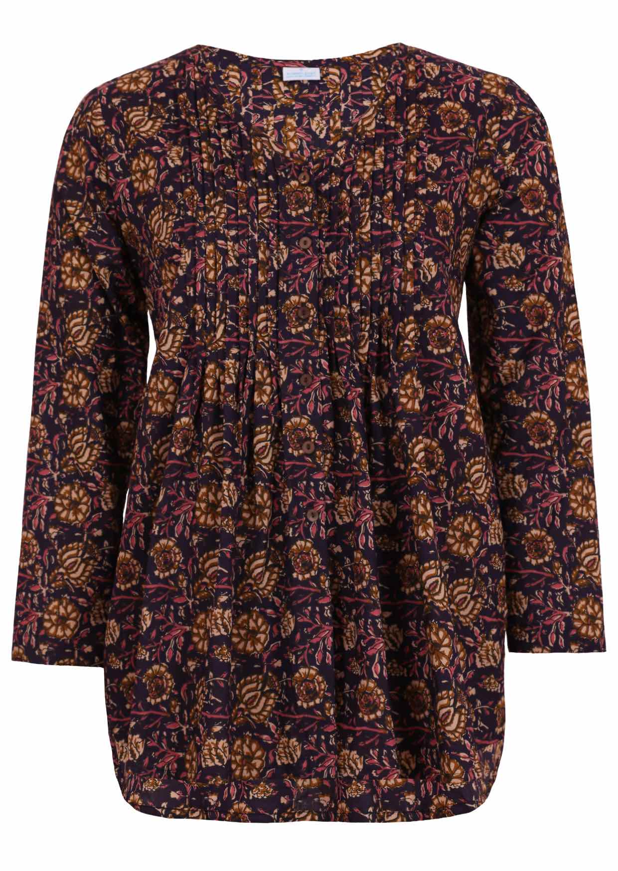  100% cotton long sleeve button through top with small pin tucks across chest in delicate floral print.