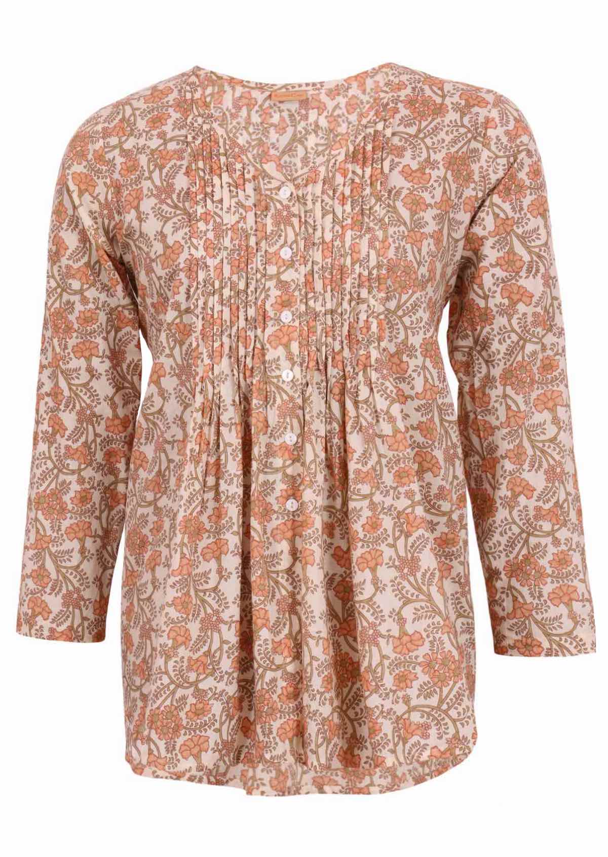 Cream floral v neck blouse with pin tuck pleating detail on yoke