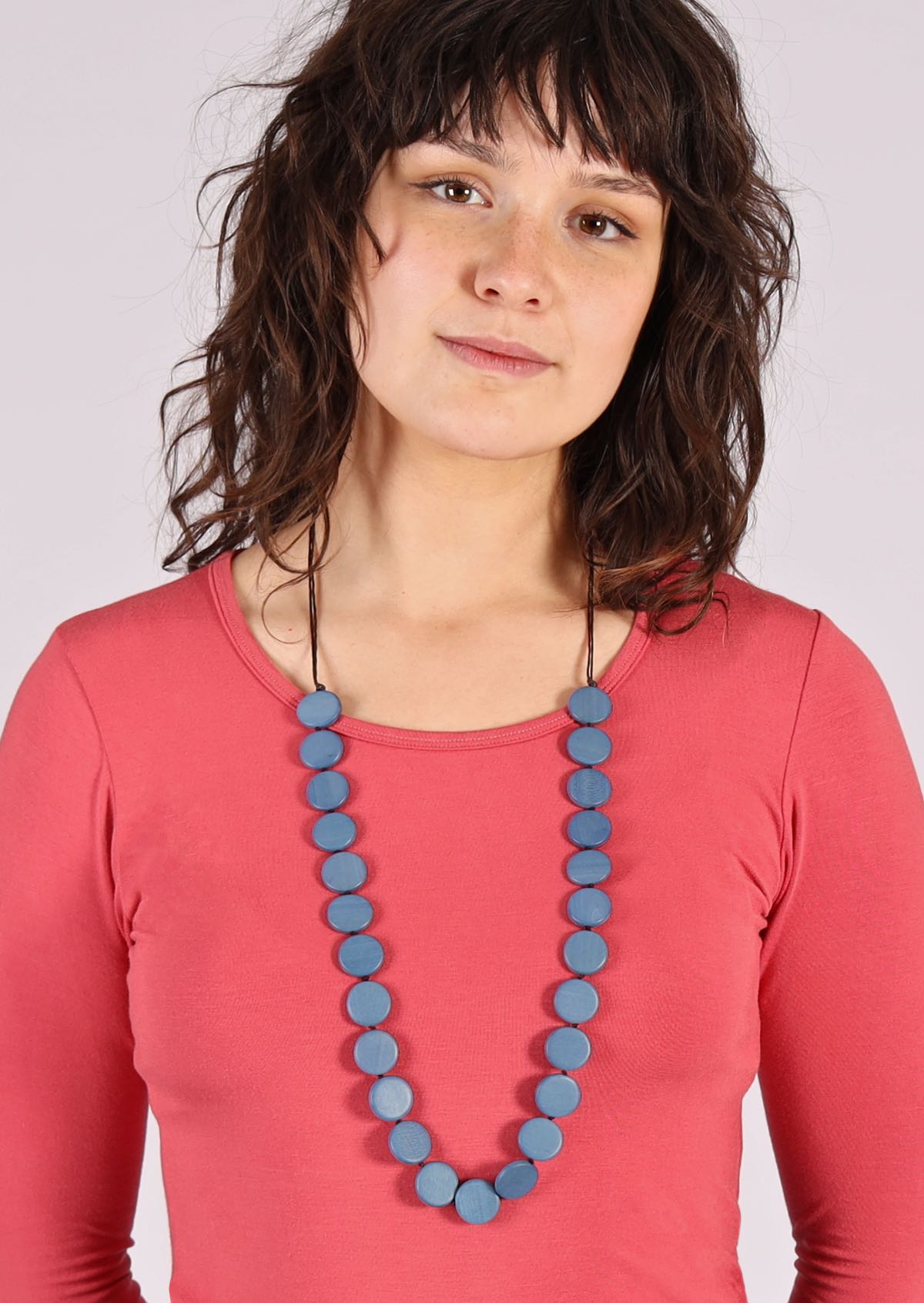 Pangantuon wood discs in muted blue long necklace