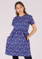 Cotton blue base relaxed fit T-shirt sleeve dress with pockets