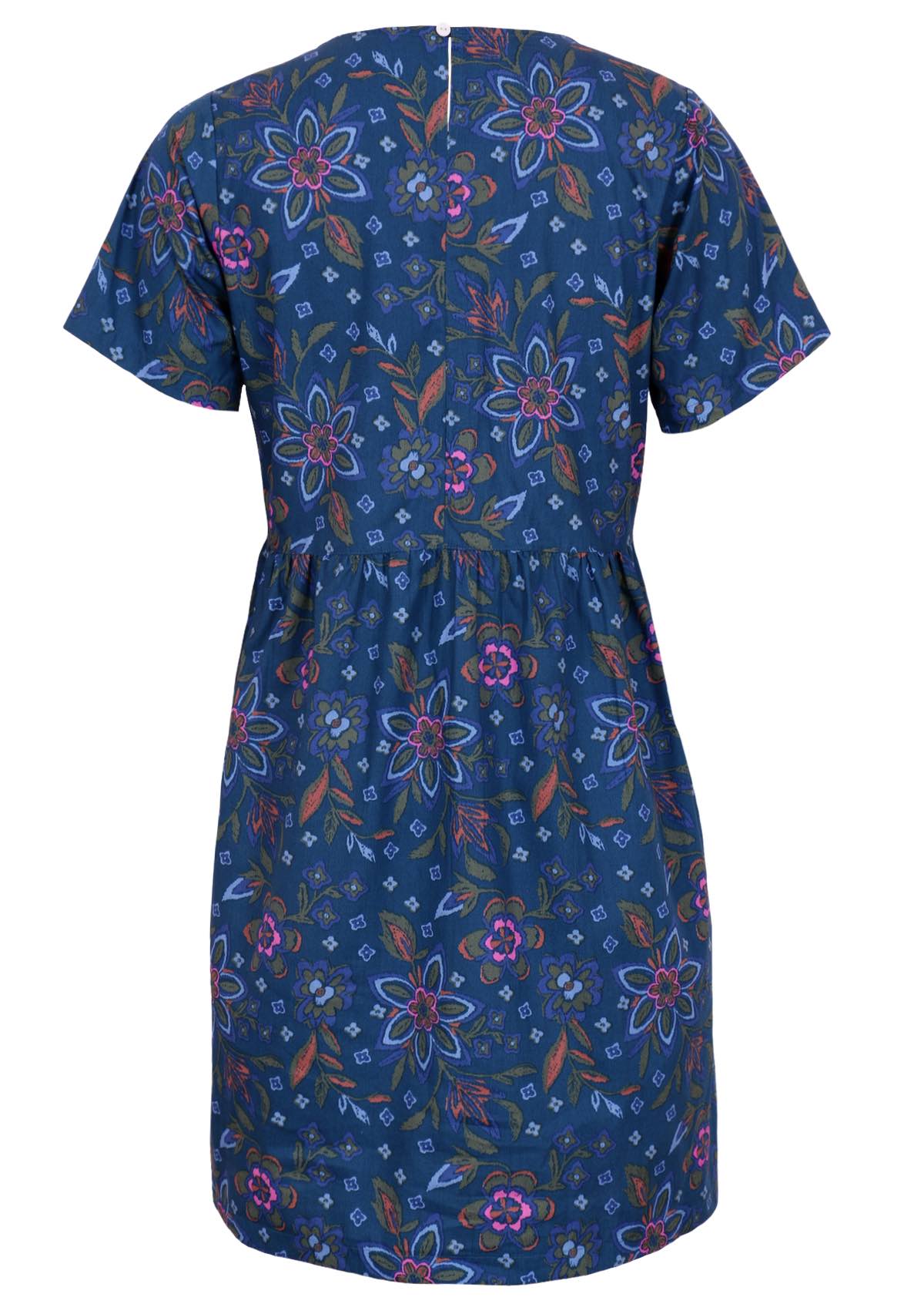 Loose fit cotton dress has a spit at the back and a button clasp. 