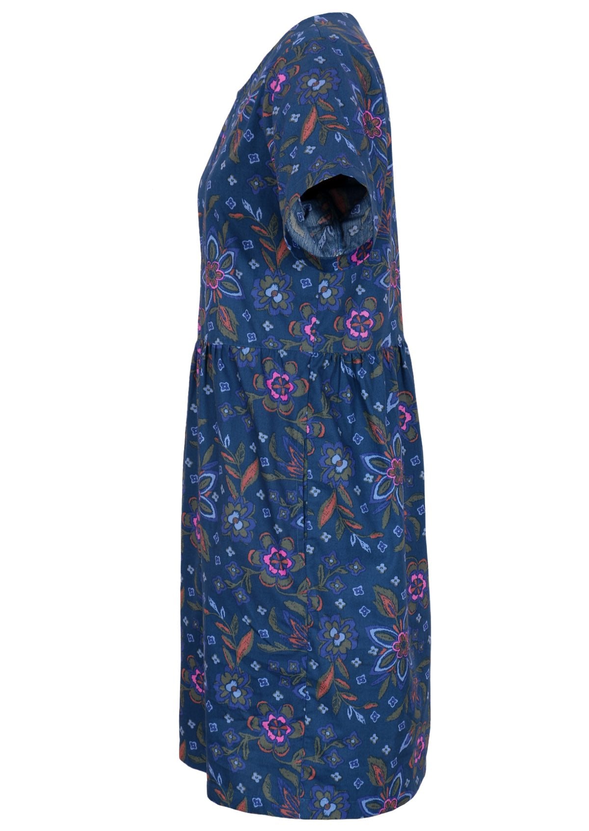 Blue cotton dress with floral pattern has a high round neckline and short sleeves. 