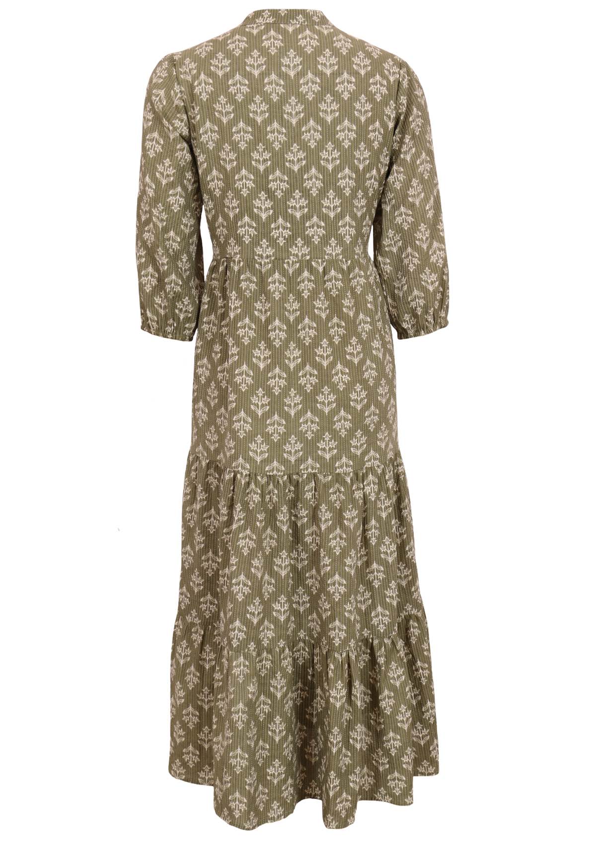 Cotton maxi dress in green with flowers and kantha stitches