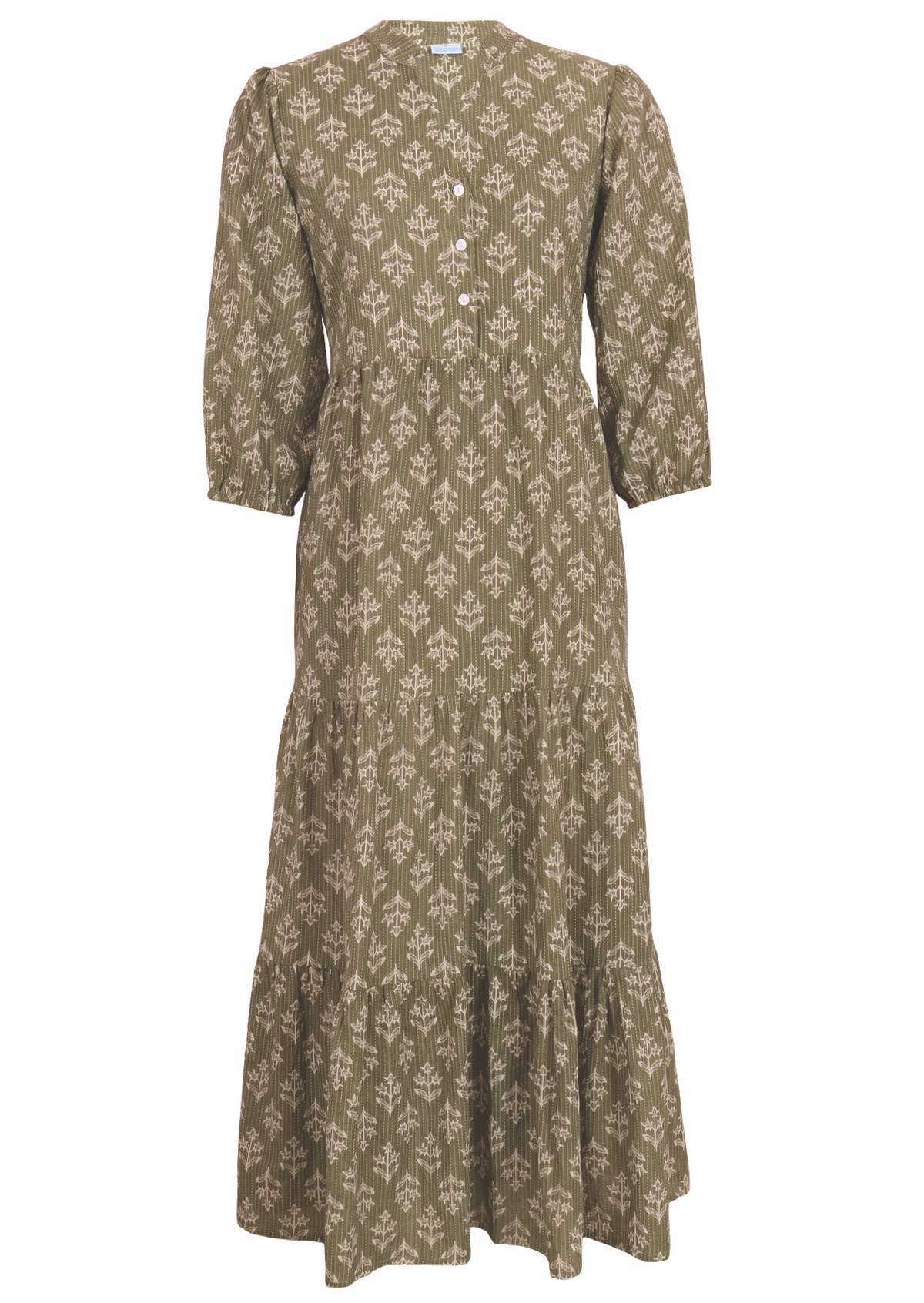 Cotton maxi dress with buttoned bodice and 3/4 sleeves