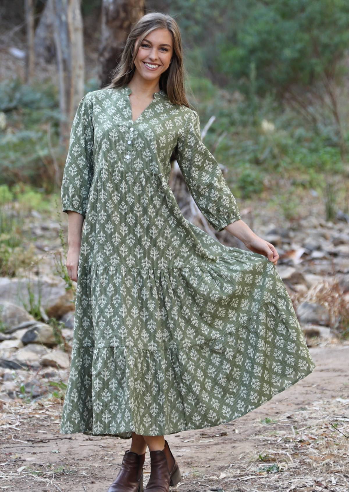 Tiered cotton maxi dress in green with flowers and kantha stitches