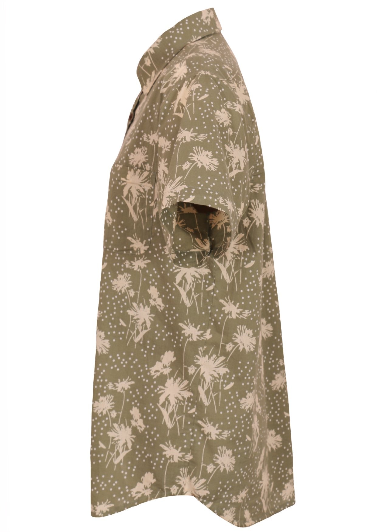 Cotton short sleeve collared shirt with a cream floral print on a pale green base 