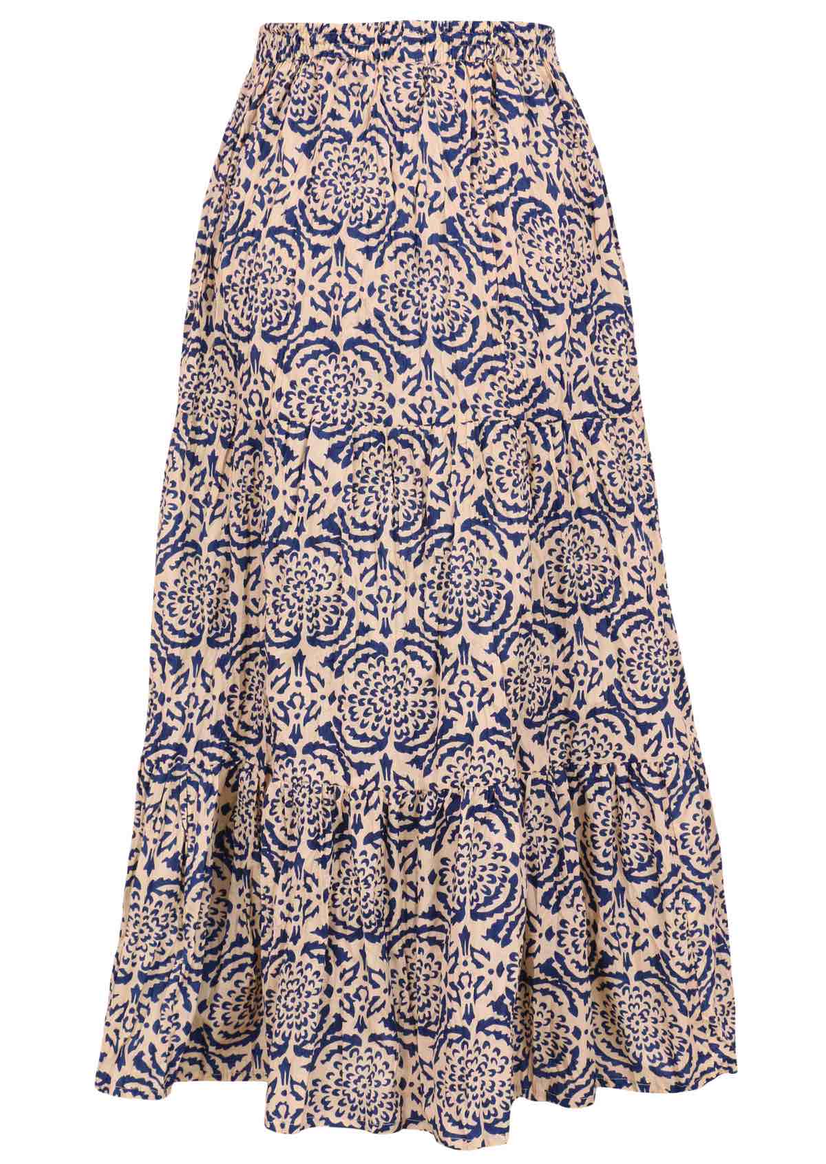 Maxi skirt with blue floral stamped print on cream base