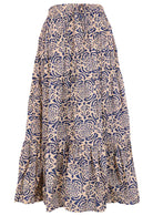 Stunning blue stylised floral print on cream base cotton maxi skirt