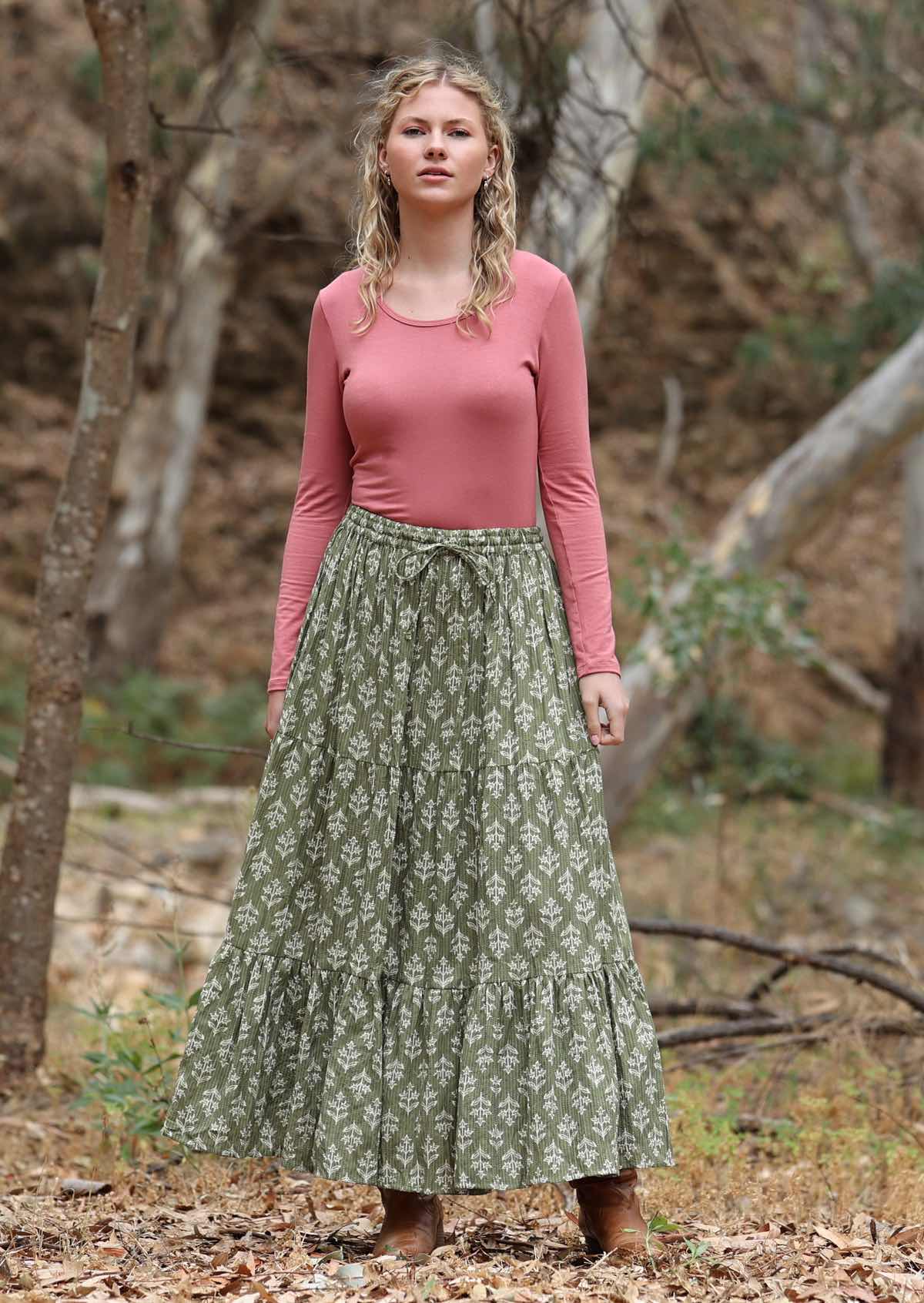 Three tiered maxi skirt can be worn on waist or lower to the hips