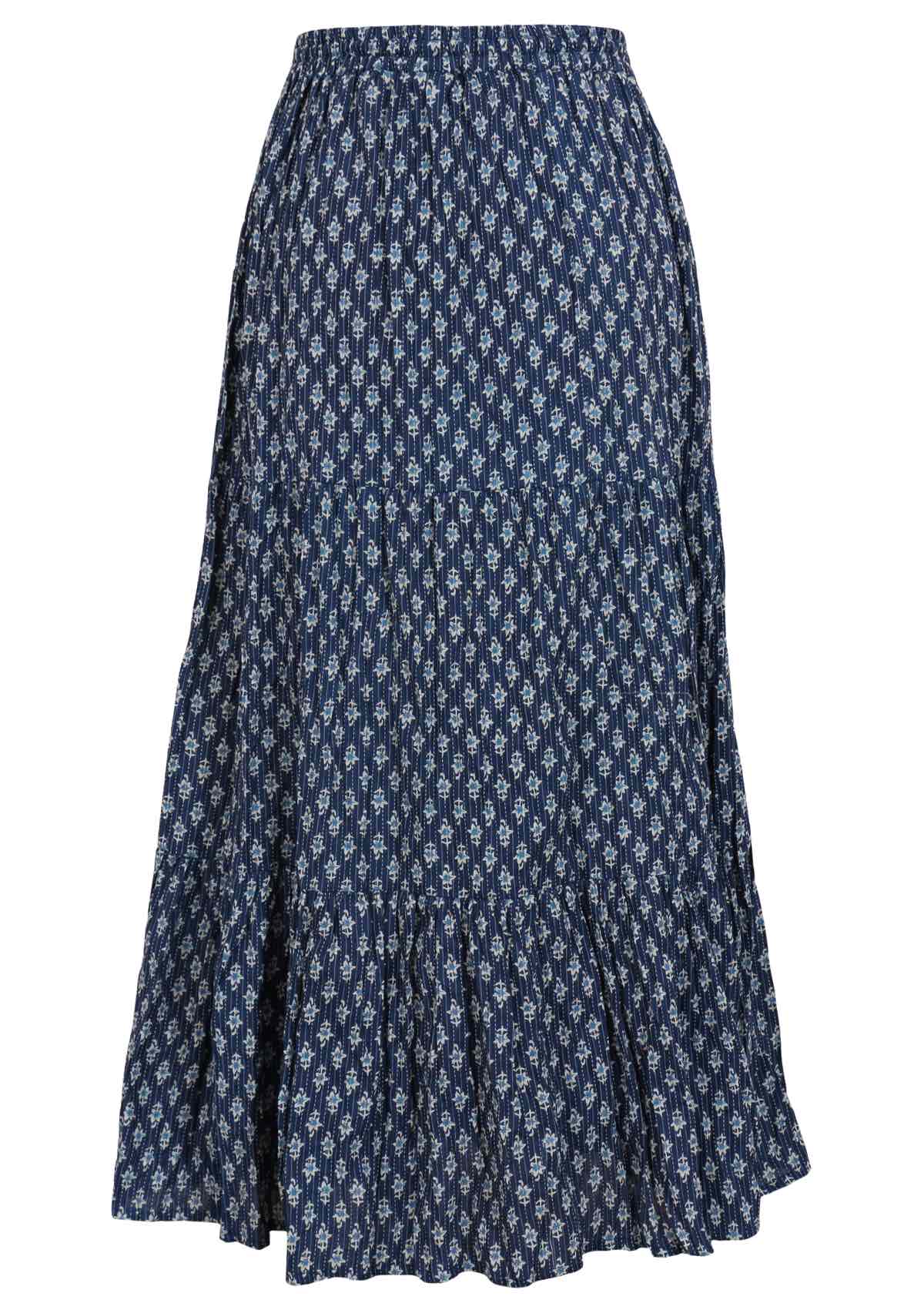 Blue maxi skirt features a decorative floral pattern with kantha stitches. 