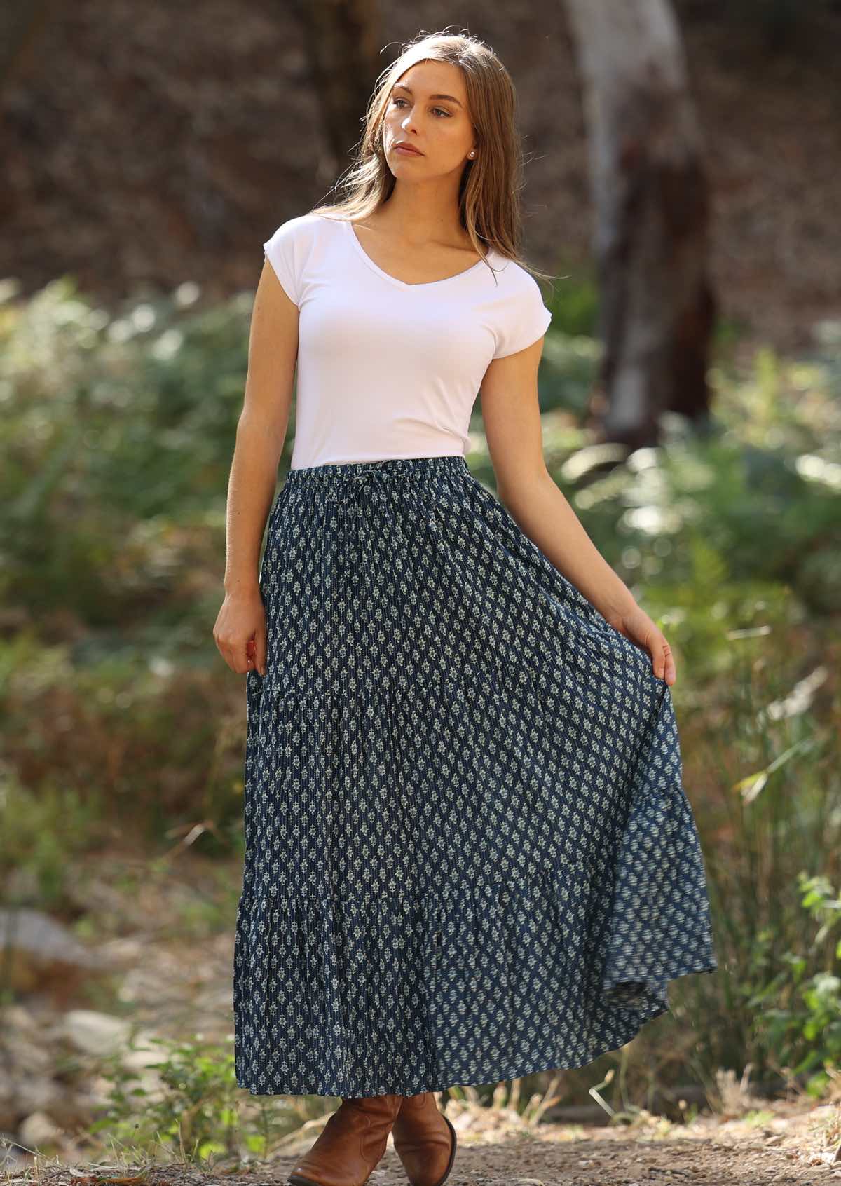 100% cotton maxi skirt has an elasticated waistband. 