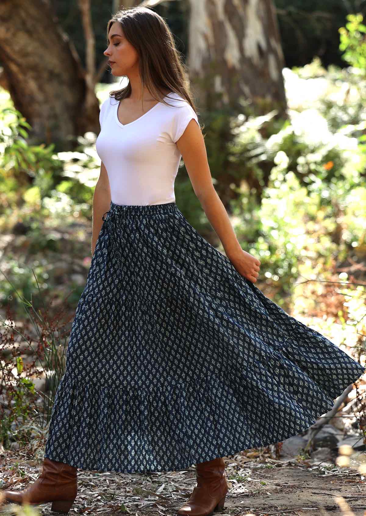 Flowing maxi skirt is made of 100% cotton. 