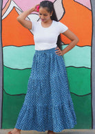 Three tiered cotton maxi skirt with blue base