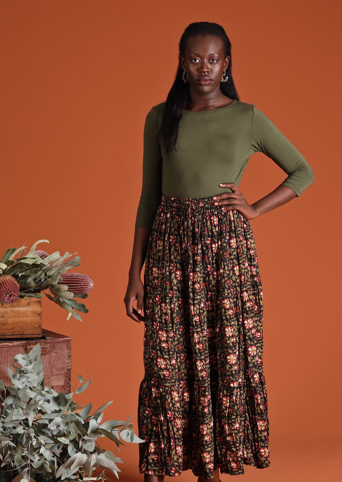 Maxi Skirt Wild Rose elasticated waistband three tier fabric extra volume full length 100% cotton black, green and red floral print | Karma East Australia