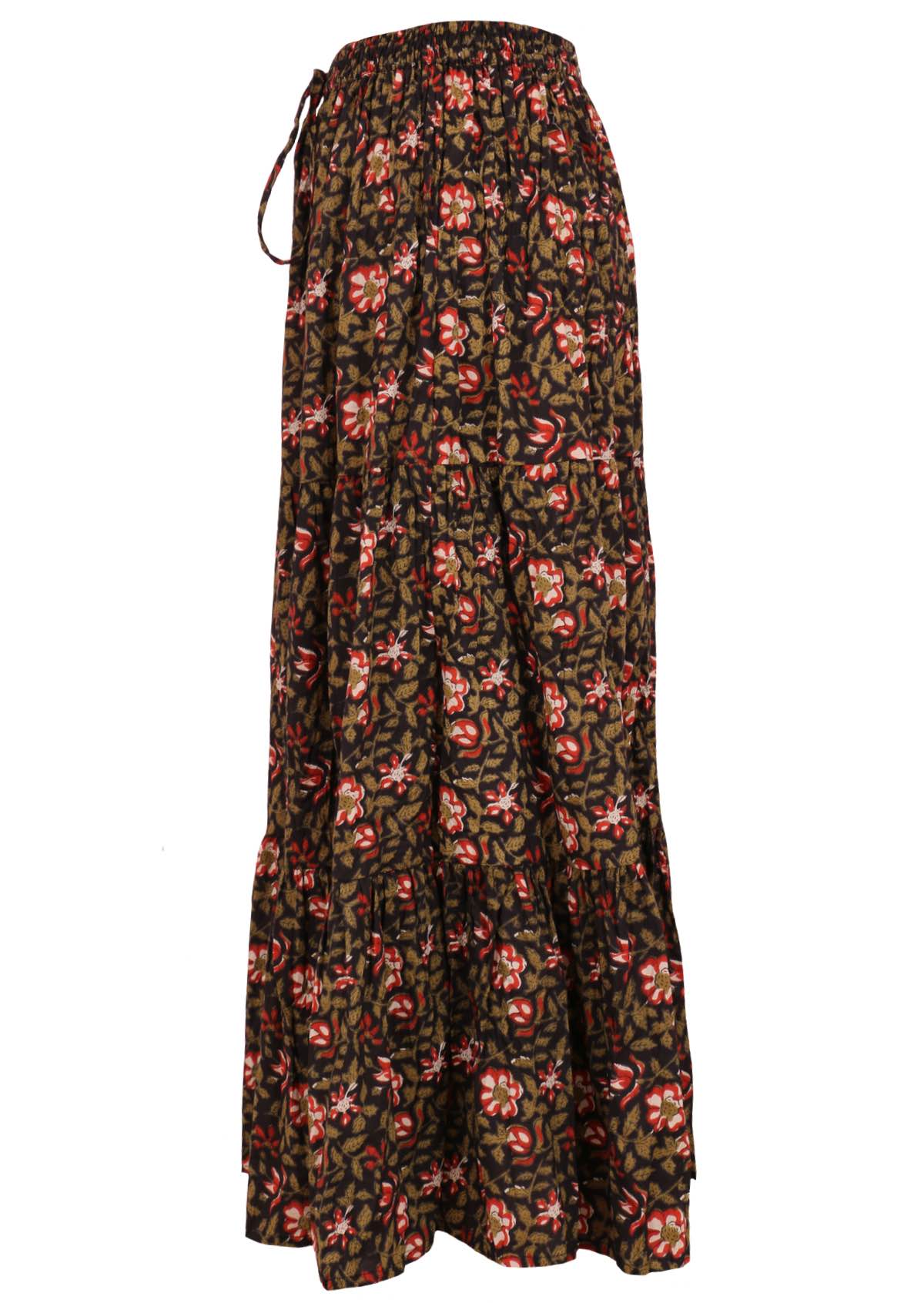 side view cotton maxi skirt elasticated waistband with front draw string