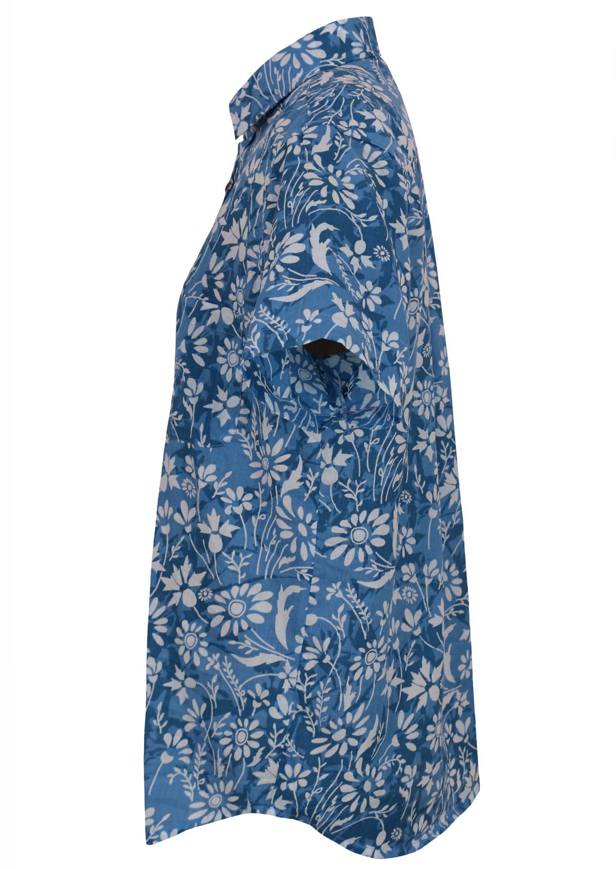 Side view of blue floral cotton men's shirt with short sleeves