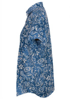 Side view of blue floral cotton men's shirt with short sleeves