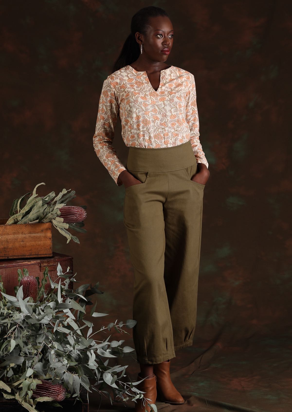 wide waistband wide leg cotton pants with pockets