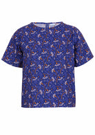 Blue 100% cotton top with a round neckline.