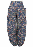 Floral Cotton harem pants in dusty blue with deep pockets, elasticated ankles and flat wide front waistband 