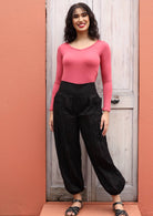 wide waistband with elastic at back cotton pants