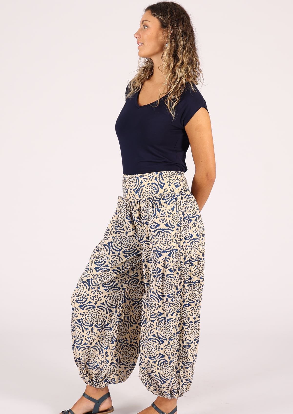 Cotton harem pants with elastic at back of waistband