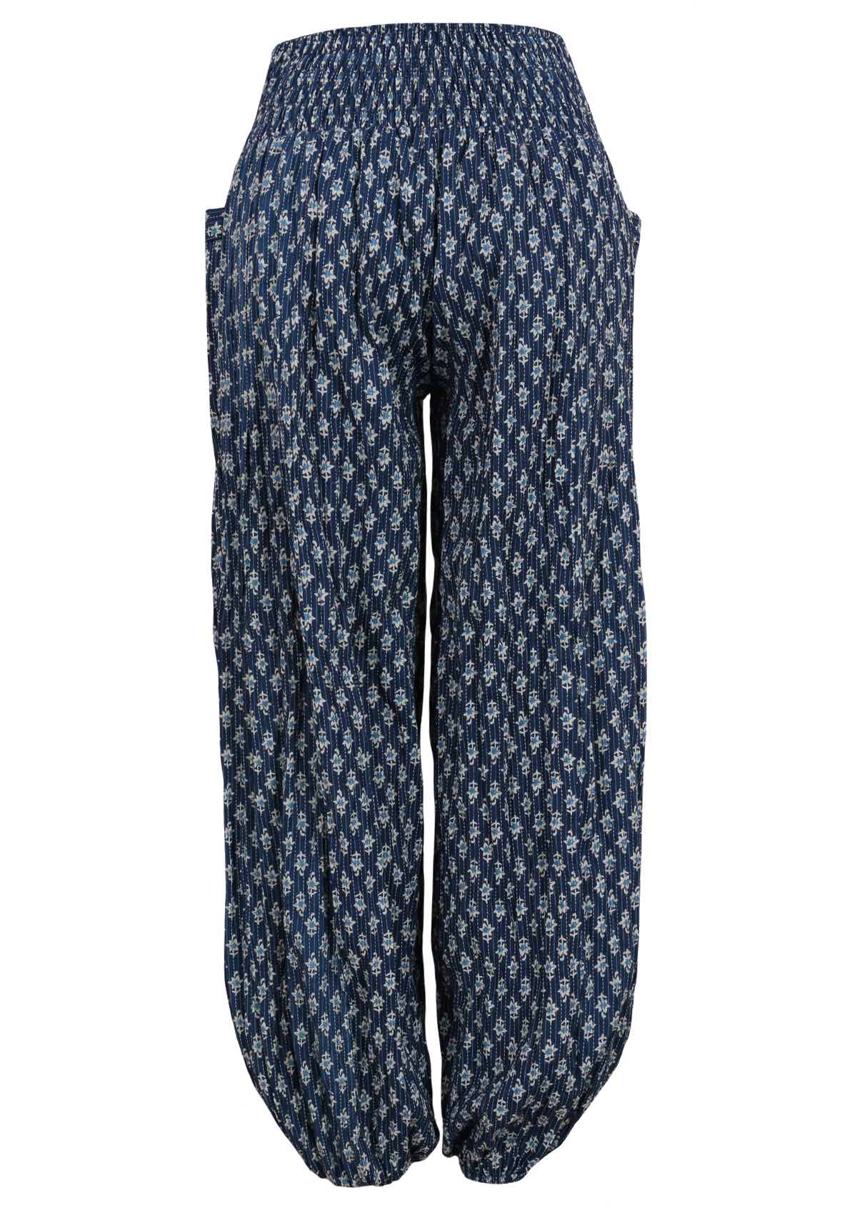Loose fit cotton pants have kantha stitches for visual interest. 